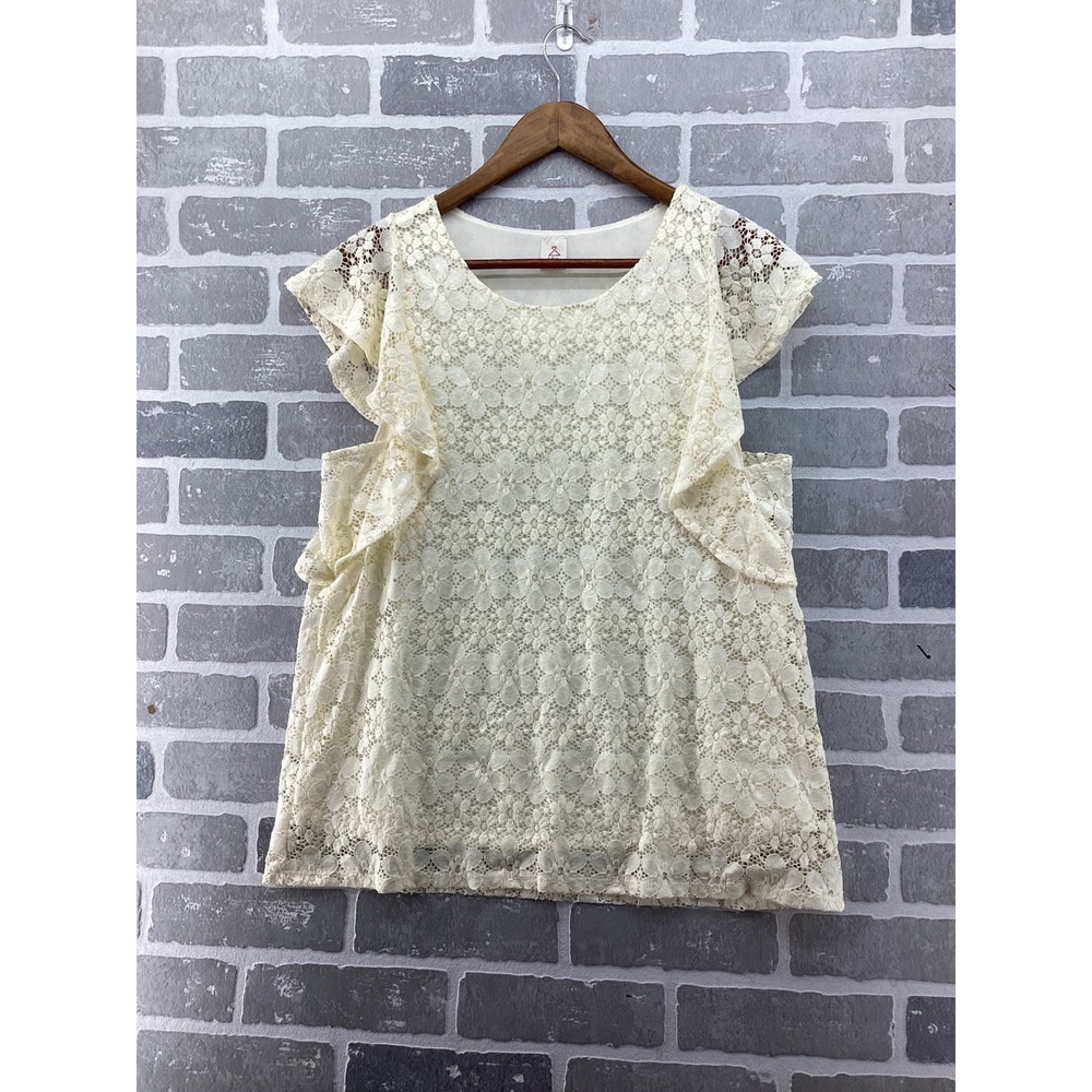 Like Love Cream Floral Lace Ruffle Sleeve Blouse Top ET3284-LA Small
